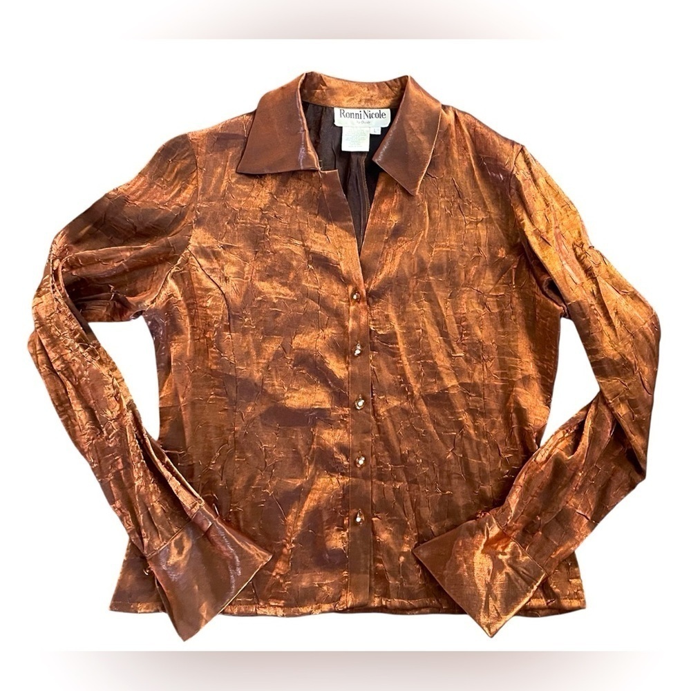 Vintage Ronni Nicole 90’s Rayon/polyester blouse. Metallic brown/gold. L…